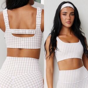 Astoria Sz XS Luxe Balance Ruched Sports Crop Bra Top Beige Gingham Activewear